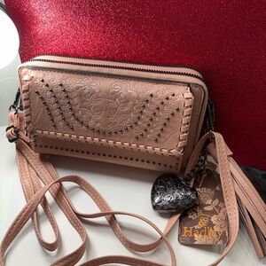 New Women's Tan Crossbody Bag Keychain Charm